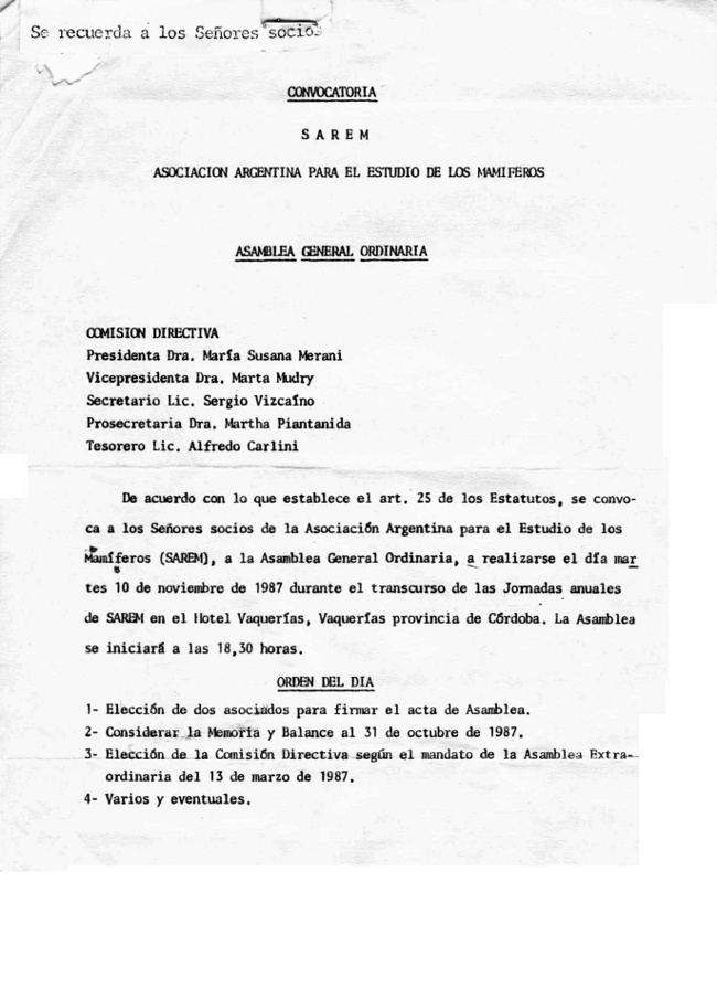 Convocatoria a Asamblea, 1987 (portada)